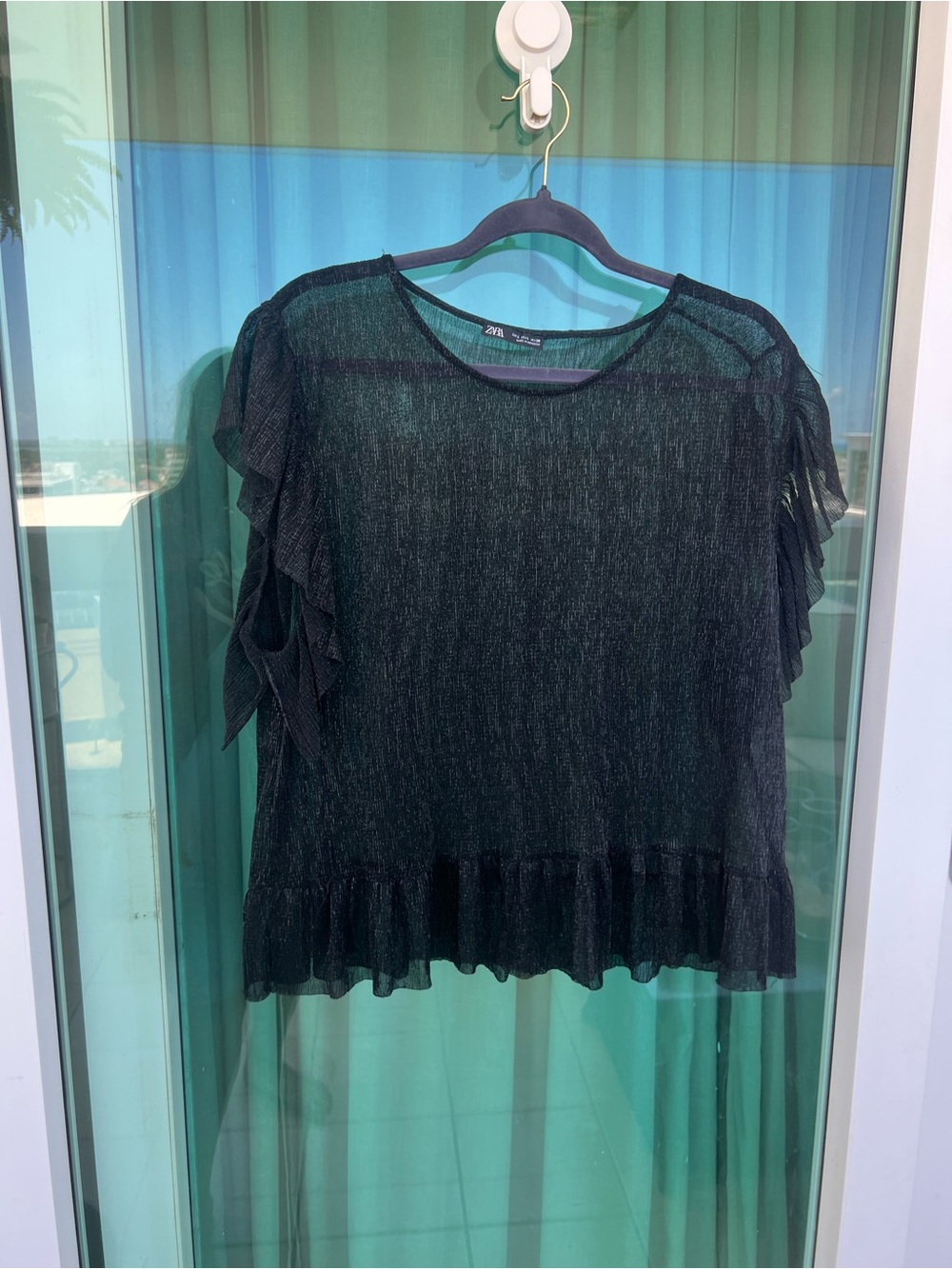 Zara Black Sheer Ruffle-Hem Blouse